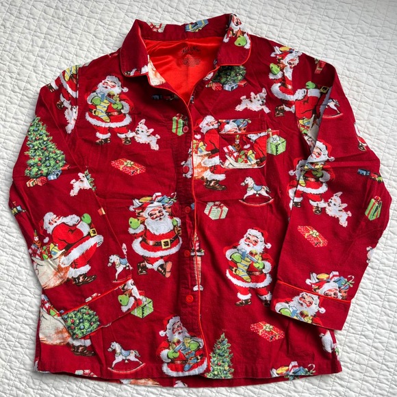 Nick & Nora Pajama Set Womens Christmas Red Cotton Flannel Santa Medium - Picture 2 of 6